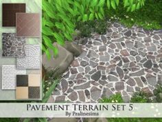 the pavement terrain set is made up of rocks and stones, with green plants on each side