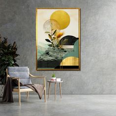 a painting hanging on the wall next to a chair and table with a potted plant