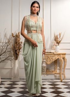 Unique Indian Outfits, Mint Green Jacket, Organza Jacket, Western Dresses For Women, Wedding Lehenga Designs, Zari Embroidery, Indo Western Dress, Indian Dresses Traditional, Embroidered Lehenga