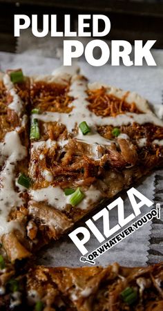 the pulled pork pizza is topped with cheese and green onions on it's side