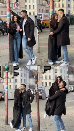 a man and woman standing next to each other on a street