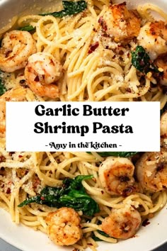 garlic butter shrimp pasta in a white bowl