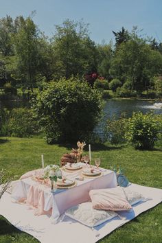 a picnic table set up in the grass with plates and food on it, next to a pond