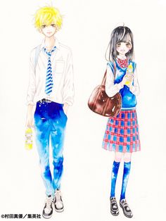 two anime characters are standing next to each other, one is holding a bag and the other has a purse