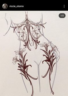 a drawing of a woman's torso with flowers on the bottom and back side