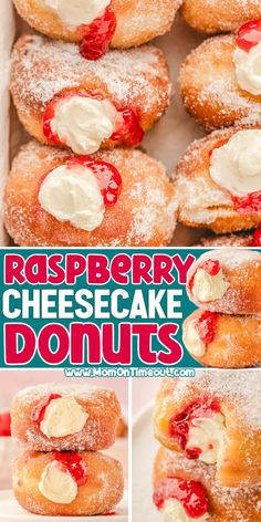 raspberry cheesecake donuts are stacked on top of each other and topped with whipped cream