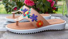 New womens flower embroidered leather slip on authentic mexican huarache sandals Casual Slip-on Flip Flops With Round Toe, Casual Sandals With Rubber Sole For Spring, Casual Spring Sandals With Rubber Sole, Comfortable Sandals With Rubber Sole For Spring, Bohemian Slip-on Sandals For Spring, Trendy Sandals With Rubber Sole For Spring, Brown Flip Flops For Spring, Comfortable Brown Flip Flops For Spring, Comfortable Casual Flip Flops For Spring