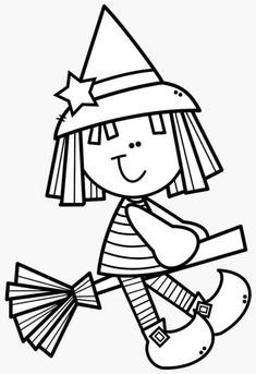 a black and white drawing of a girl with a broom