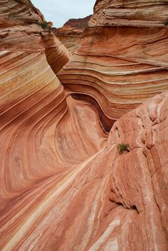 the rock formations are red and brown with white stripes on them, as well as some green plants