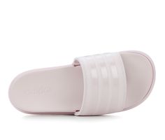 Synthetic band upper with fabric lining, Easy slip-on entry, Open round toe, Approx. 2 inch platform height, Cushioned foam footbed, Durable foam midsole and outsole, adidas® branding details | Women's Adidas Adilette Platform Sport Slides Sandals in Pink Size 10 Pink Pink Pink, Adidas Branding, Adidas Adilette, Slides Sandals, Pink Pink, Slide Sandals, Adidas Women, Casual Looks, Slides