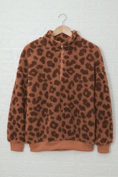 Leopard 1/4 Zip Elastic Cuff Fashion Print Sherpa Pullover Brown Half-zip Top For Winter, Brown Half-zip Winter Outerwear, Cozy Brown Fleece Sweater, Winter Brown Fleece Top, Brown Fleece Winter Top, Brown Fleece Top For Winter, Pockets Fashion, Sherpa Pullover, Club Dresses