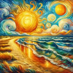 Starry Night Art, Sun Painting, Sunrise Art, Arte Alien, Theme Nature, Arte Van Gogh, Gems Art, Van Gogh Art, Sun Art