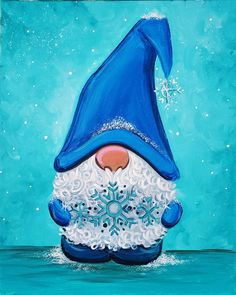 a painting of a blue and white gnome with snowflakes on his face, standing in the water