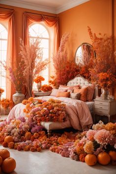 an orange bedroom with lots of flowers on the floor and bed in front of it