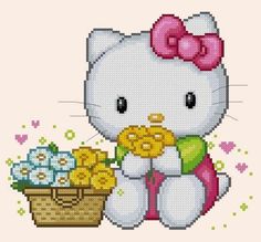 a cross stitch pattern with a hello kitty holding a basket full of flowers and an easter egg