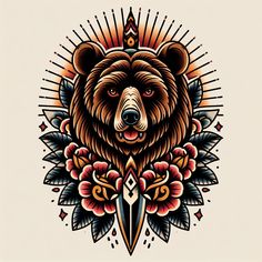 #pinterest #traditionaldesign #tattoo #design #art #fashion #dibujo #ipadart # Snake And Bear Tattoo, Bear Tattoos Traditional, Traditional American Tattoo Design, Tropical Traditional Tattoo, Traditional Panda Tattoo, Old School Bear Tattoo, Trad Bear Tattoo, Traditional Bear Head Tattoo, Tattoos For Guys Traditional