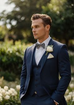 a man wearing a suit and bow tie standing in front of some bushes with white flowers