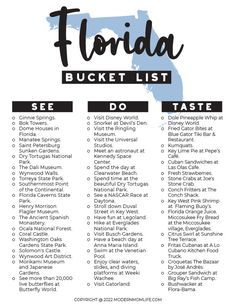 florida bucket list with the words florida written in black and white on top of it