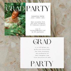 the front and back of a graduation party card with an image of a woman in a white dress