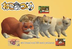 an image of cats in different poses on a yellow background with japanese characters around them