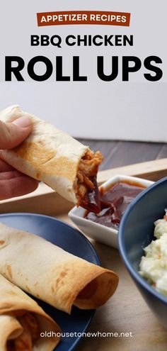 a person is holding a chicken roll up over mashed potatoes in a blue bowl