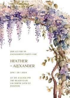 the wedding card is decorated with purple flowers and greenery, as well as an arch