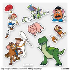 various cartoon character stickers are shown in this image with the words toy story characters on them