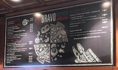 the menu for bravo pizza is on display at the restaurant's front entrance door