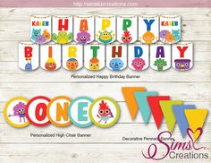 happy birthday banner with colorful monsters on it