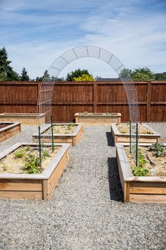 an outdoor vegetable garden with wooden benches and plants in the center, surrounded by gravel