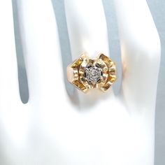 "IMPORTANT: A description is available following the details. Please, read on. Thank you. Material: 18K solid gold, natural brilliant-cut diamond ~0.30ct Size: 5 Weight: 4.2g Period: Retro, Mid century, 1940s Style: cocktail, statement, engagement Origin: France Provenance: An estate sale in France Condition: excellent vintage, usual wear Additional remarks: stamped with eagle head assay mark. Also features a maker's mark N.b.: We guarantee the authenticity of our items. Each one of them has bee Victorian Gold Diamond Ring With Brilliant Cut, Victorian Yellow Gold Diamond Ring With Single Diamond, Victorian Single Diamond Yellow Gold Ring, Victorian Gold Diamond Ring With Accents, Victorian 14k Gold Diamond Ring With Diamond Accents, Victorian 14k Gold Diamond Ring With Accents, Victorian Yellow Gold Diamond Anniversary Ring, Victorian Diamond Ring With Single Diamond, Formal Yellow Gold Diamond Ring With Rose Cut