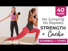 two women doing exercises with dumbbells and towel in front of a white wall