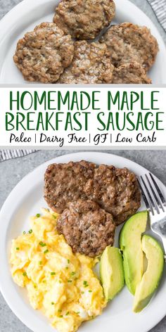 an image of homemade maple breakfast sausage on a plate with eggs and avocado