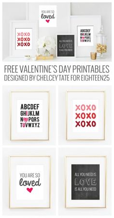 valentine's day printables displayed on a shelf with the text free valentine's day printables