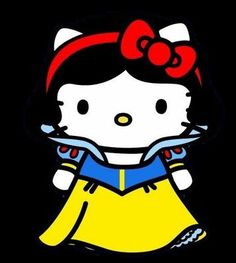 an image of a hello kitty in yellow and blue dress with red bow on her head