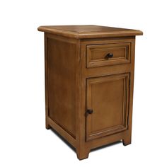 a small wooden cabinet with two drawers on one side and an open drawer on the other