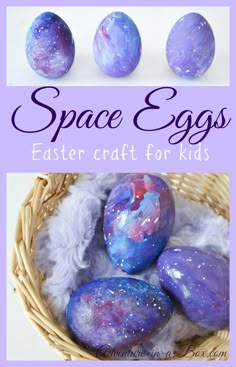 three purple and blue painted eggs in a basket with the words space eggs easter craft for kids