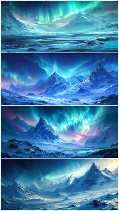 three different views of the sky with mountains and aurora lights in the background, one is blue