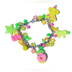 Rabbit Pineapple Stars Pink Yellow Charm Traditional Cartoon Bracelet Good Sweet Measuring Approximately 8 Inches Long Cute Multicolor Charm Bracelet For Parties, Trendy Star Charm Bracelet, Cartoon Bracelet, Unicorn Fish, Nail Bangle, Chunky Pearls, Pave Beads, Double Wrap Bracelet, Rose Bracelet