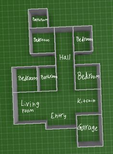 a floor plan for a house with all the rooms labeled in white on green background