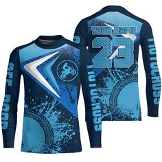 a blue jersey with the number 23 on it and an image of a bicycle rider