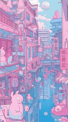 a pink and blue cityscape with lots of stuff floating in the air on top of buildings