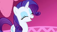 the pinkie pony is standing in front of a purple and white wall with her eyes closed