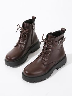 Chocolate Brown Fashionable Collar   Plain Combat Boots Embellished   Women Shoes Dark Academia Shoes, Academia Shoes, Brown Solid Color, Combat Shoes, Brown Combat Boots, Dark Brown Shoes, Dark Brown Boots, Brown Boots Women, Womens Combat Boots