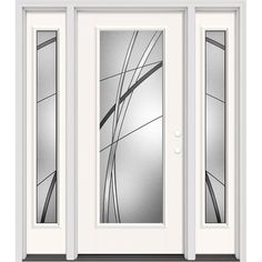 a white double door with frosted glass and side panels on the front doors,