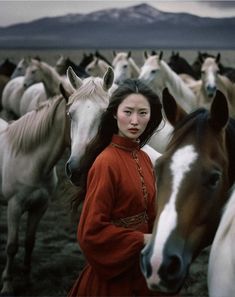 a woman standing in front of a herd of horses