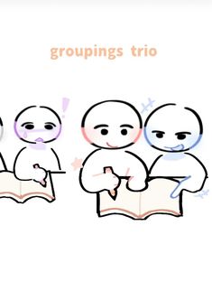 three people are standing next to each other and one is holding an open book with the word groupings trio on it