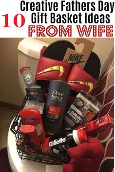 a basket filled with personal care items and the words 10 creative father's day gift ideas from wife