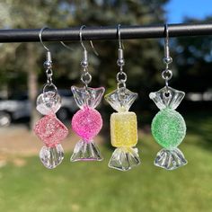 Pair of Sugared Wrap Candy Dangle Earrings * Lightweight * Nickel Free and Hypoallergenic  * Handmade * Super cute and trendy Unique Earrings Weird, Candy Outfit, Silly Earrings, Crazy Jewelry, Crazy Earrings, Candy Bouquet Diy, Candy Earrings, Novelty Earrings, Weird Jewelry