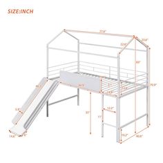 a white bunk bed with a slide next to it and measurements on the bottom half